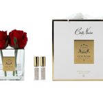 Cote Noire Couture 4 Rose Buds - Square Clear Vase - Gold & Red