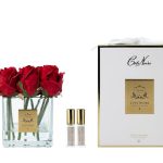 Cote Noire Couture 9 Rose Buds - Square Clear Vase - Gold & Red