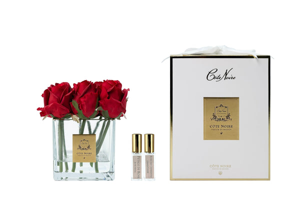 SVC904 Cote Noire Couture 9 Rose Buds - Square Clear Vase - Gold & Red – Image 1